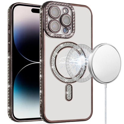 For Apple iPhone 15 Bling Case with Diamond Magnetic Circle, Transparent Slim Shockproof Hybrid Slim Fit Case Cover