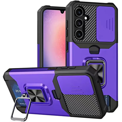 For Samsung Galaxy A26 Wallet Case with Ring Stand & Slide Camera Cover Back Credit Card Slot Holder, Military Grade Case Cover Purple