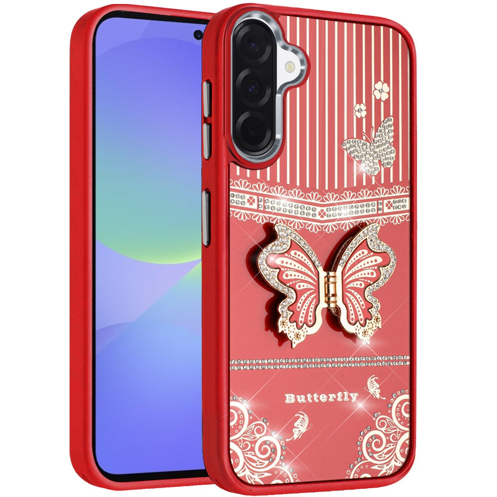 For Samsung Galaxy A36 Glitter 3D Butterfly Design Bling Metallic Edge Hybrid Stand Drop Protection TPU Shockproof Case Cover Red