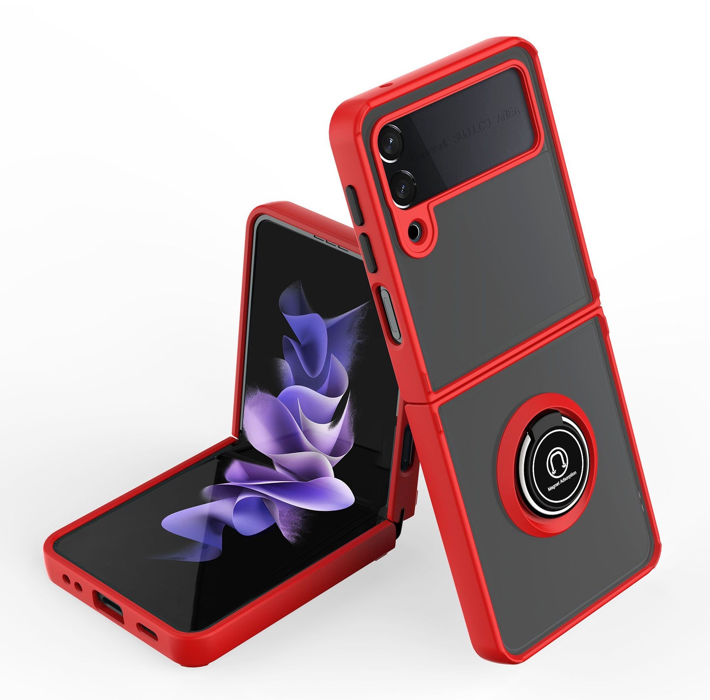 For Samsung Galaxy Z Flip 7 FE Semi Transparent Matte Hybrid Protective PC & TPU Shockproof with 360° Rotation Ring Stand Case Cover Red