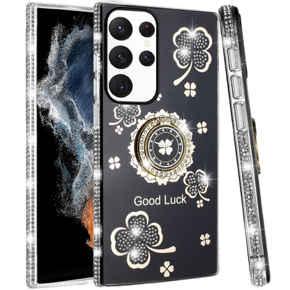 For Samsung Galaxy S22 Ultra Diamonds Bling All Around Edges Sparkly Glitter Hybrid Ring Stand Holder Fashion Good Luck Case Cover