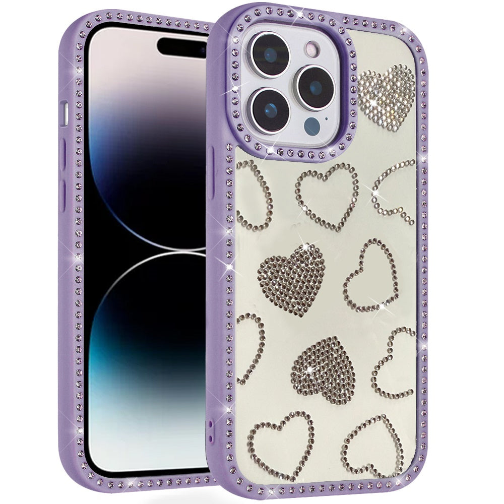 For iPhone 14 Pro Max (6.7") Spread Love Glitter Shimmer Bling Diamond Edge Hybrid Drop Protection Shockproof Design Case Cover
