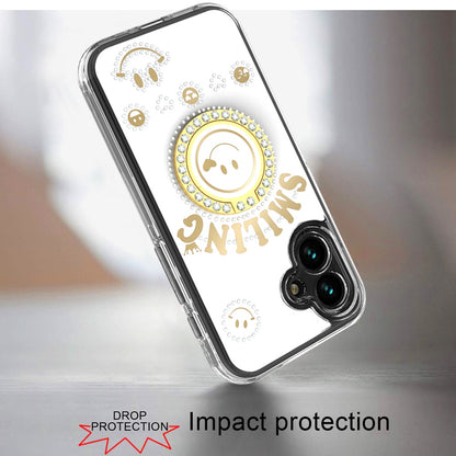 For Apple iPhone 17E /16E Smiling Glitter Bling Ornament Hybrid Shockproof Stylish Sparkle Design Secure Grip Durable Protection Case Cover White