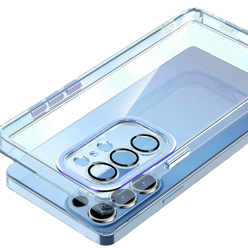 For Samsung Galaxy S23 Ultra Transparent Clear Hybrid with Matching Metal Buttons and Camera Protection Hard PC + TPU Rubber Case Cover