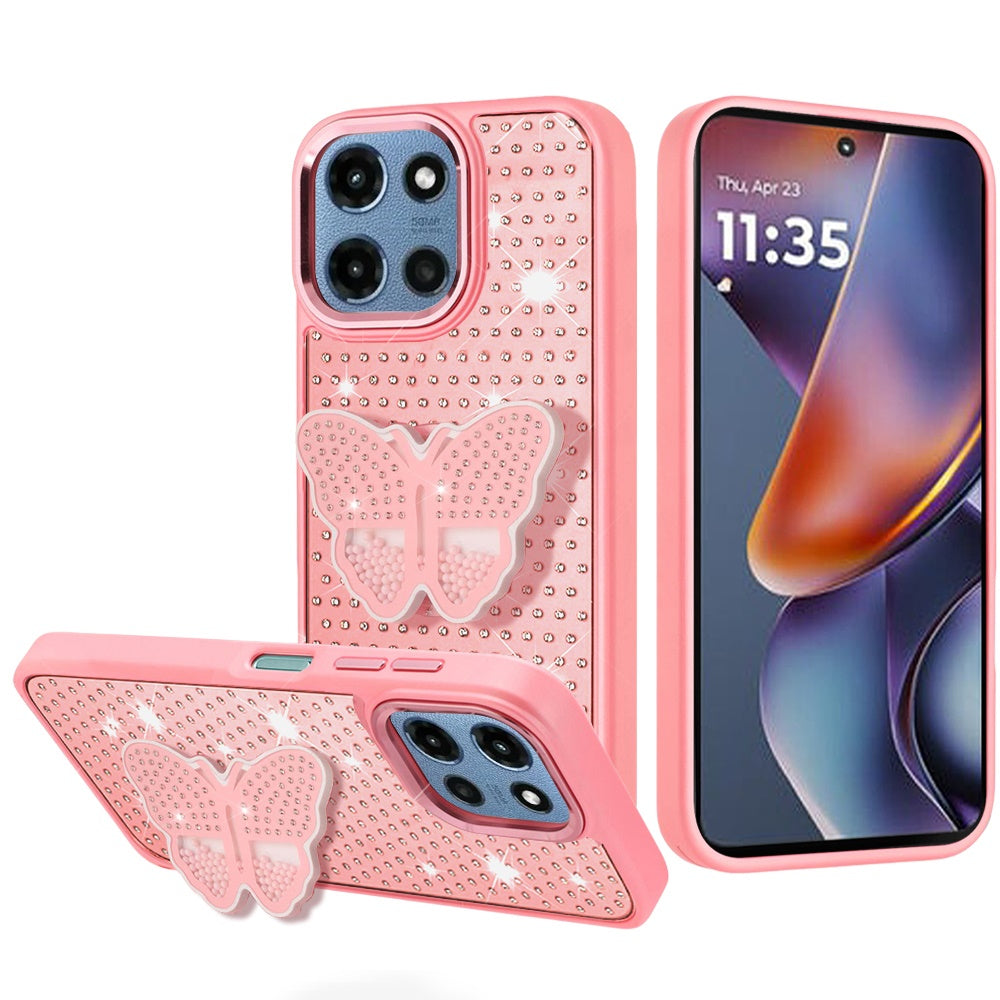 For Motorola Moto G 5G 2026/2025 Butterfly Moveable Grip 3D Pop Stand Full Diamond Bling Sparkling TPU Fashion Hybrid Case Cover Pink