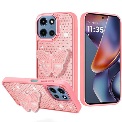For Motorola Moto G 5G 2026/2025 Butterfly Moveable Grip 3D Pop Stand Full Diamond Bling Sparkling TPU Fashion Hybrid Case Cover Pink