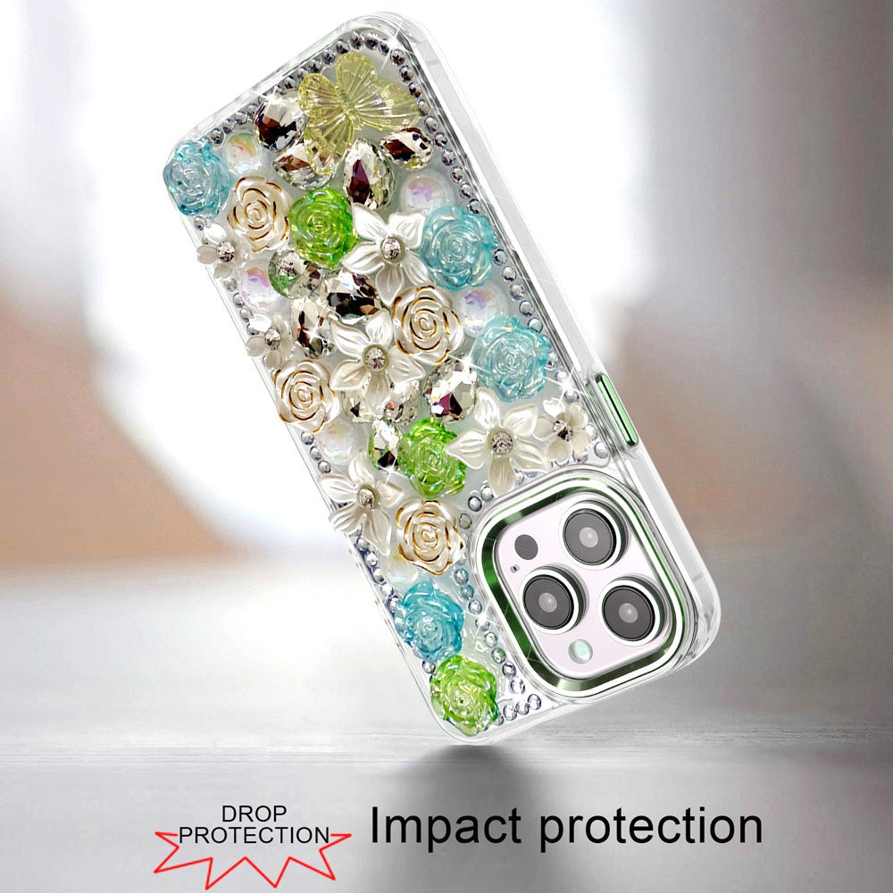 For Apple iPhone 15 Pro Max 3D Diamond Floral Roses Flower Bling Stone Hybrid, Sparkly Rhinestone Gemstone Back Shockproof Case Cover Green