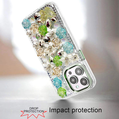 For Apple iPhone 15 Pro Max 3D Diamond Floral Roses Flower Bling Stone Hybrid, Sparkly Rhinestone Gemstone Back Shockproof Case Cover Green
