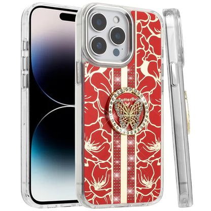 For Apple iPhone 13 Pro Max Diamonds 3D Butterfly Floral Design Bling Sparkly Glitter Hybrid Metal Fashion with Ring Stand Case Cover