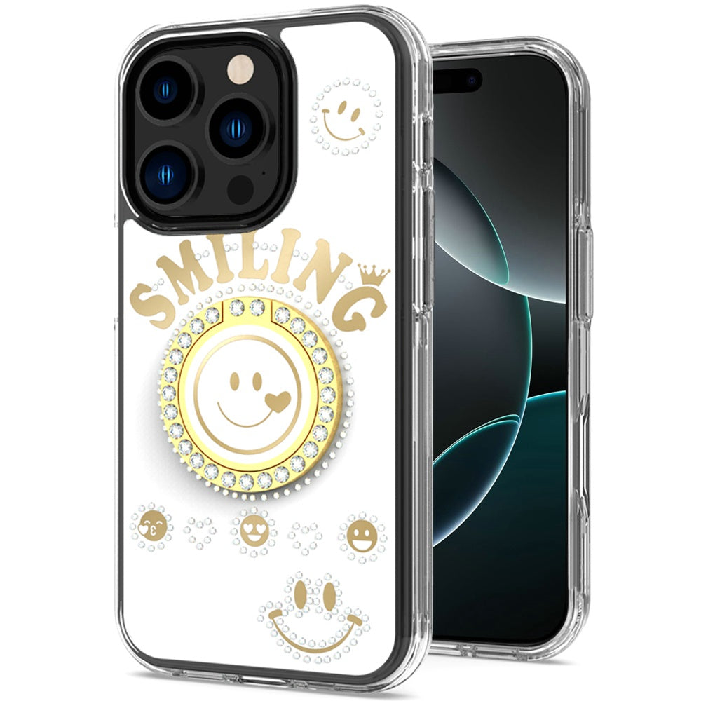 For Apple iPhone 16 Pro (6.3") Smiling Glitter Ornament Bling Sparkle with Ring Stand Hybrid Slim TPU + Hard Back Shell Case Cover