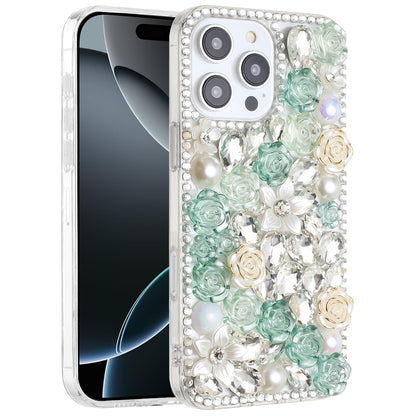 Phone Case for Apple iPhone 16 Pro Max Rose Flower Full Diamond Bling Rhinestone Glitter Luxury Stylish Sparkle Protective Designer Hybrid Cover Green