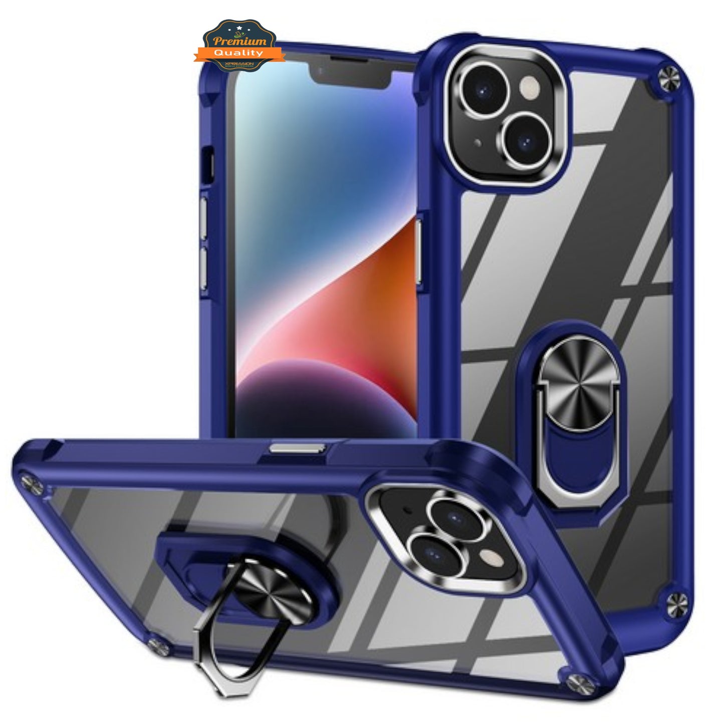 For Apple iPhone 15 (6.1") Clear Transparent Hybrid with 360° Magnetic Ring Stand PC Heavy Duty Shockproof Hard Back  Phone Case Cover