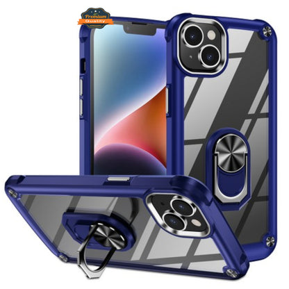 For Apple iPhone 15 (6.1") Clear Transparent Hybrid with 360° Magnetic Ring Stand PC Heavy Duty Shockproof Hard Back  Phone Case Cover