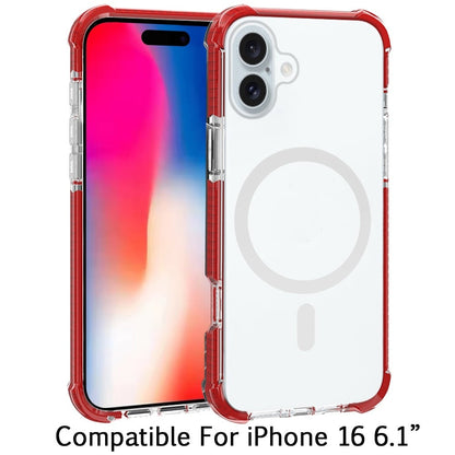 For iPhone 16 (6.1") Magnetic Acrylic Case Transparent Back, Rugged Colorful Frame, Shockproof Hybrid, MagSafe Compatible Case Cover Red