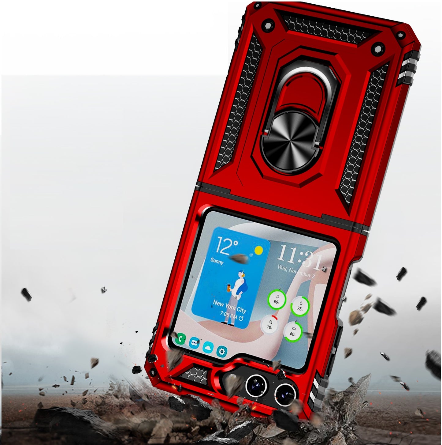 For Samsung Galaxy Z Flip 7 FE Hybrid Shockproof Protective with Magnetic 360° rotating Ring Kickstand, TPU Rubber PC Case Cover Red