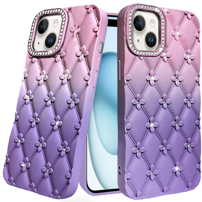 For Samsung Galaxy S25 Ultra Fashion Flower Design Sparkle Glitter Shimmer Rhinestone Bling Floral Accents, Leather Texture TPU Case Cover Light Pink /Light Purple