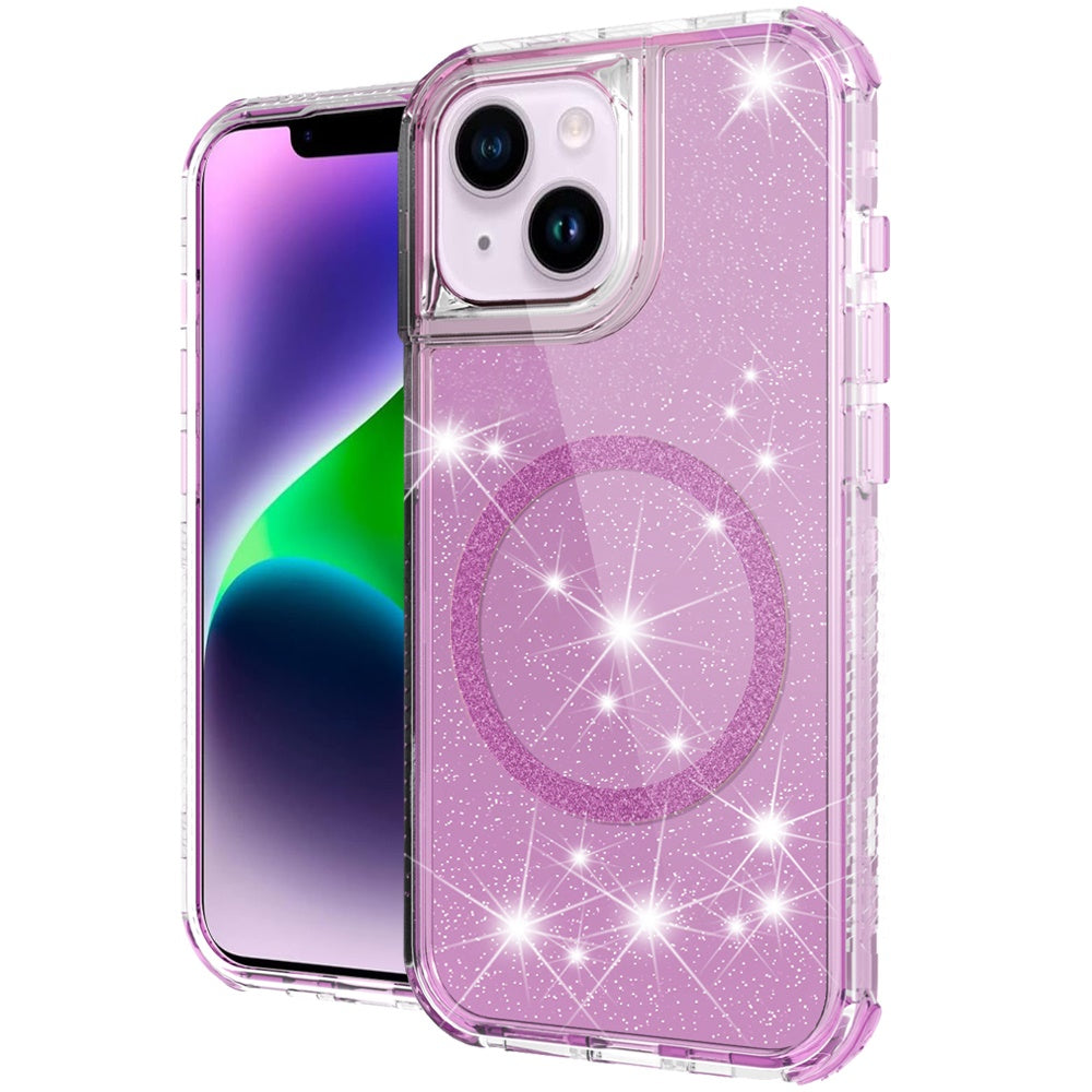 For Apple iPhone 14 / iPhone 13 (6.1") Magnetic Ring Circle Glitter Bling Sparkle 3in1 Hybrid [Compatible with Magsafe] Clear Shockproof Case Cover