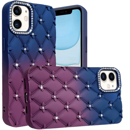 For Apple iPhone 11 Fashion Flower Design Sparkle Glitter Shimmer Rhinestone Bling Floral Accents, Leather Texture TPU Case Cover Dark Blue/Burgundy