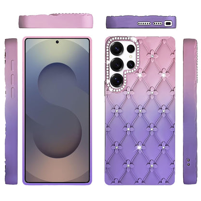 For Samsung Galaxy S26 Ultra Fashion Flower Design Sparkle Glitter Shimmer Rhinestone Bling Floral Accents, Leather Texture TPU Case Cover