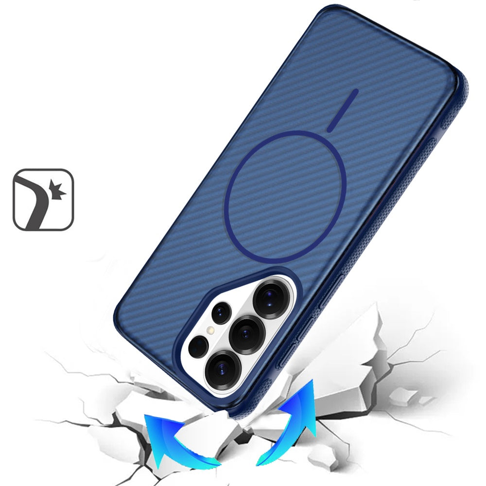 For Samsung Galaxy S26 Ultra Thick Carbon Design Magnetic Hybrid Drop Protection with Metallic Buttons & MagSafe Compatible Case Cover Blue
