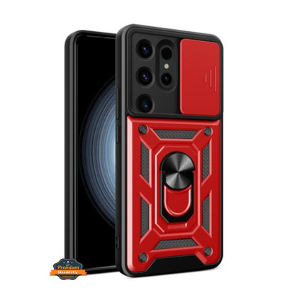 For Motorola Moto G 5G 2025 Hybrid Shockproof, Built-in Sliding Camera Lens Protection with Magnetic Finger Ring Stand Holder Case Cover Red