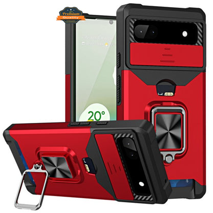 For Google Pixel 9A Wallet Case with Slide Camera Protector, Credit Card Slot, Ring Sand, Magnetic Car Mount Case Cover