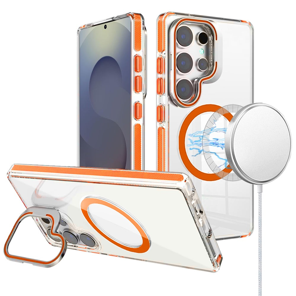 Phone Case for Samsung Galaxy S25 Ultra Magnetic Circle Transparent Tough Hybrid Camera Stand Guard Stand Shockproof Color Edge Rugged Grip Cover Cosmic Orange