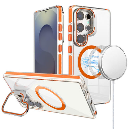Phone Case for Samsung Galaxy S25 Ultra Magnetic Circle Transparent Tough Hybrid Camera Stand Guard Stand Shockproof Color Edge Rugged Grip Cover Cosmic Orange