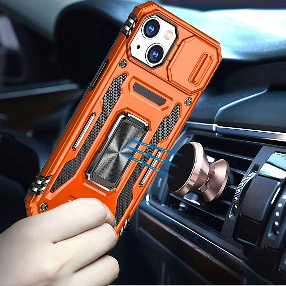 For iPhone 15 Plus (6.7") Tough Hybrid Case with Movable Camera Window & Metal Ring Stand Shockproof Case Cover Cosmic Orange