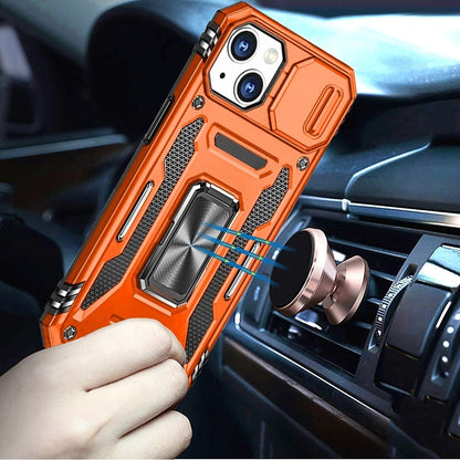 For iPhone 15 Plus (6.7") Tough Hybrid Case with Movable Camera Window & Metal Ring Stand Shockproof Case Cover Cosmic Orange