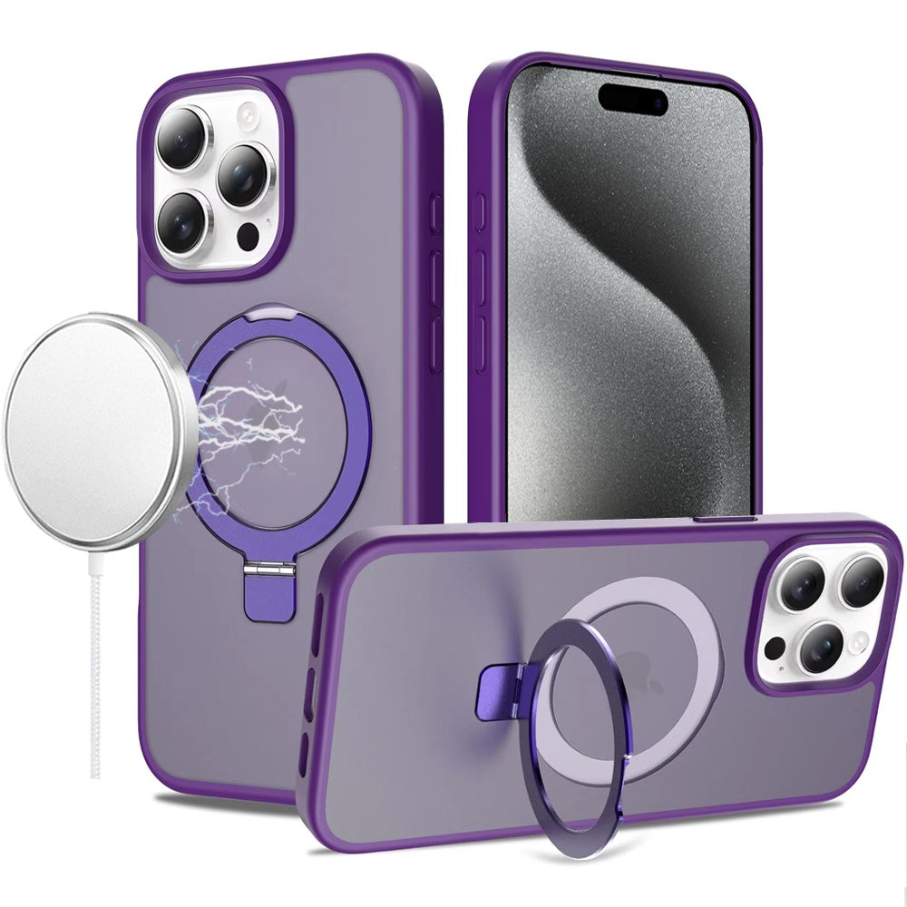 For Apple iPhone 15 Pro Max Magnetic Circle Back with Ring Stand Full Rotation Matte Hybrid Shockproof Case Cover Dark Purple