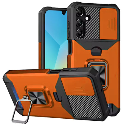 For Samsung Galaxy A16 5G Wallet Case with Ring Stand & Slide Camera Cover Back Credit Card Slot Holder, Military Grade Case Cover Cosmic Orange