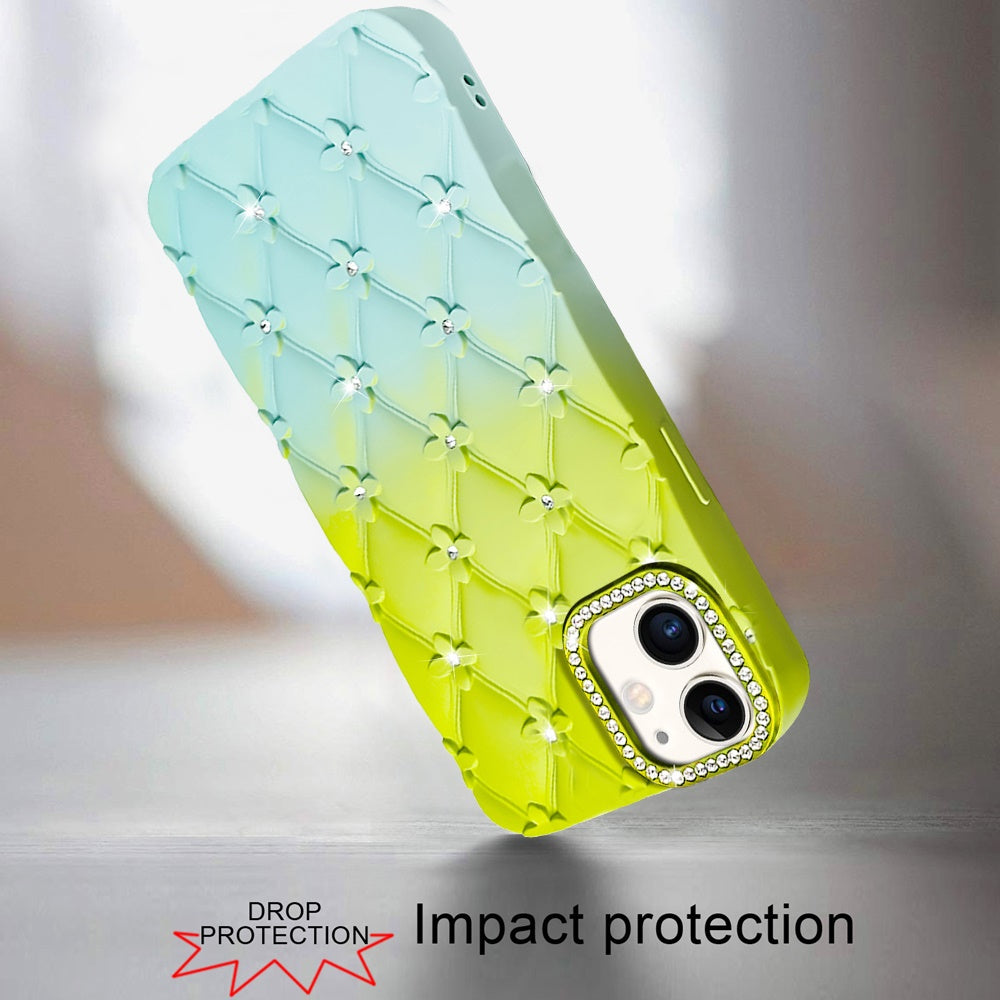 For Apple iPhone 11 Fashion Flower Design Sparkle Glitter Shimmer Rhinestone Bling Floral Accents, Leather Texture TPU Case Cover Light Green/Teal