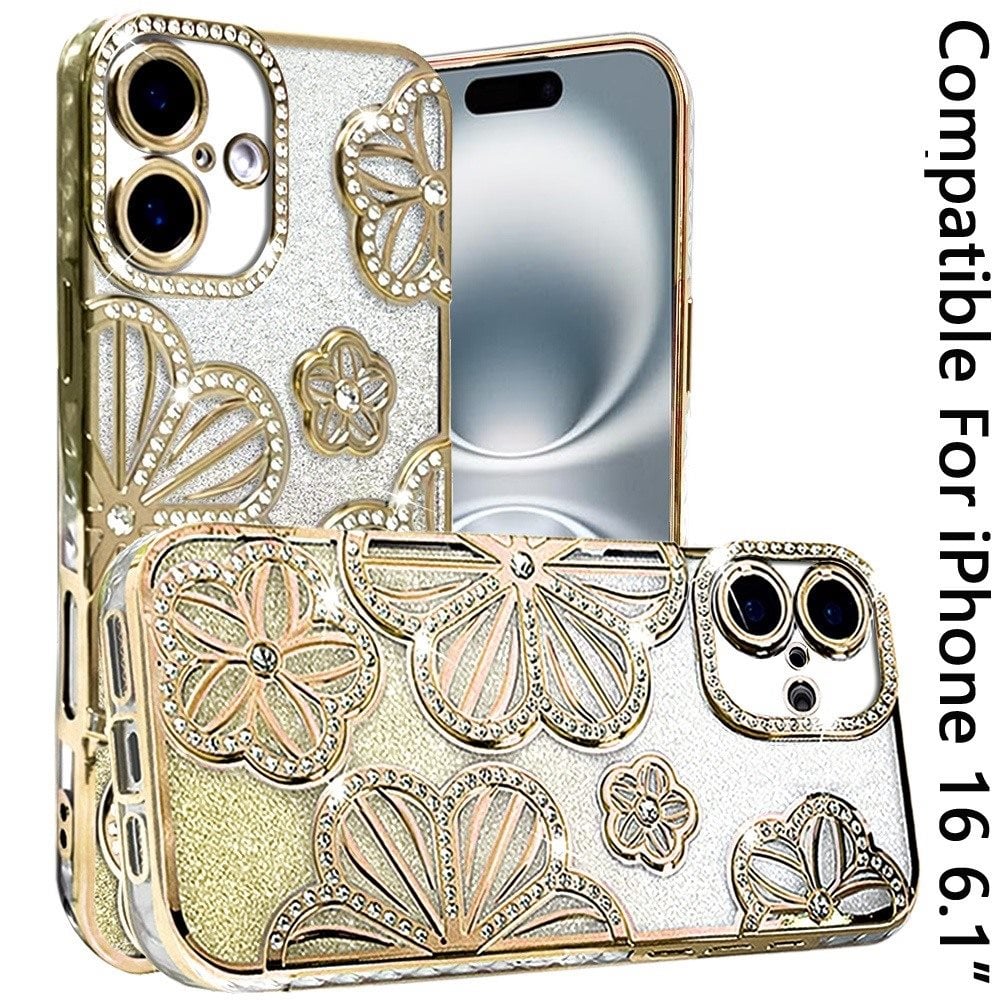 For iPhone 16 (6.1") Luxury Flower Design Sparkle Glitter Diamond Rhinestone Shimmer Bling Plating Thick TPU Hard PC Case Cover