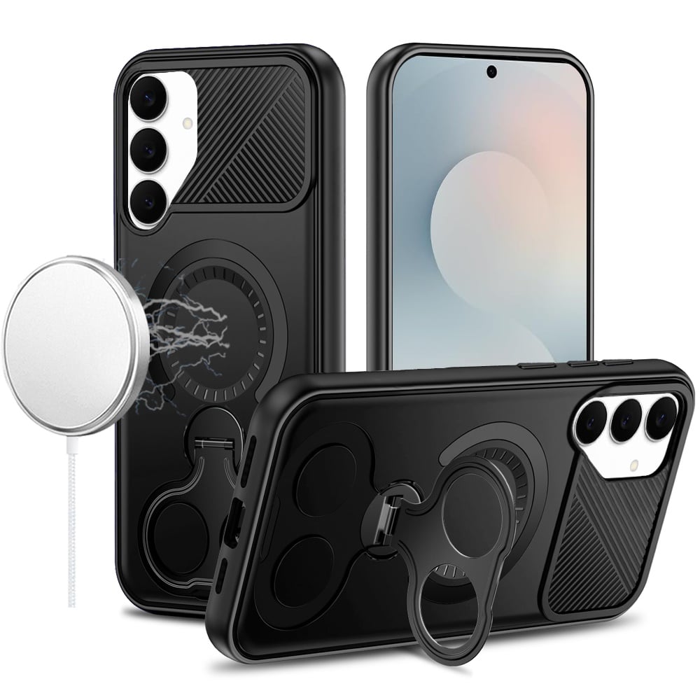 Phone Case for Samsung Galaxy S25 FE, S25 Fan Edition Magnetic 2 Ring Stand Car Mount Friendly Shockproof Rugged Grip Armor Dual Ring Kickstand Heavy Duty Hybrid Cover Black