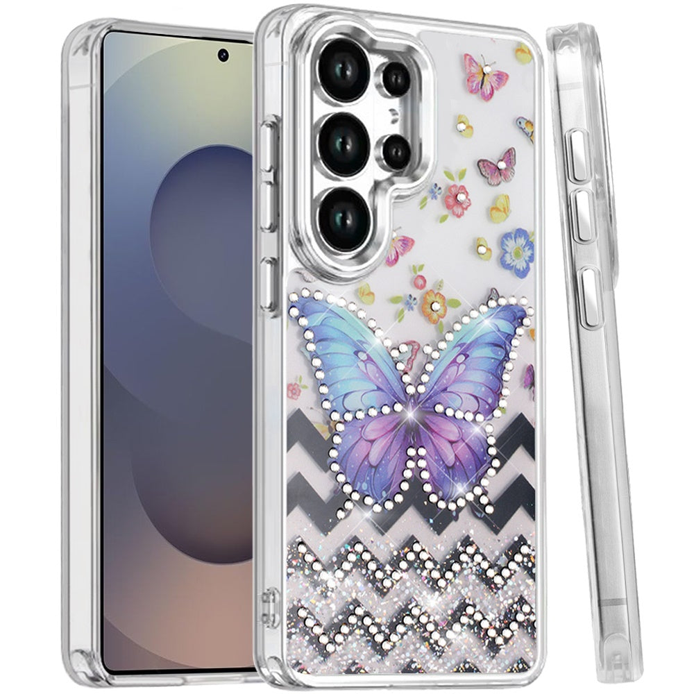For Samsung Galaxy S25 Ultra Butterfly Resin Epoxy Diamond Design Metal Edged Hybrid Shockproof Heavy Duty Drop Protection Case Cover