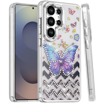 For Samsung Galaxy S25 Ultra Butterfly Resin Epoxy Diamond Design Metal Edged Hybrid Shockproof Heavy Duty Drop Protection Case Cover