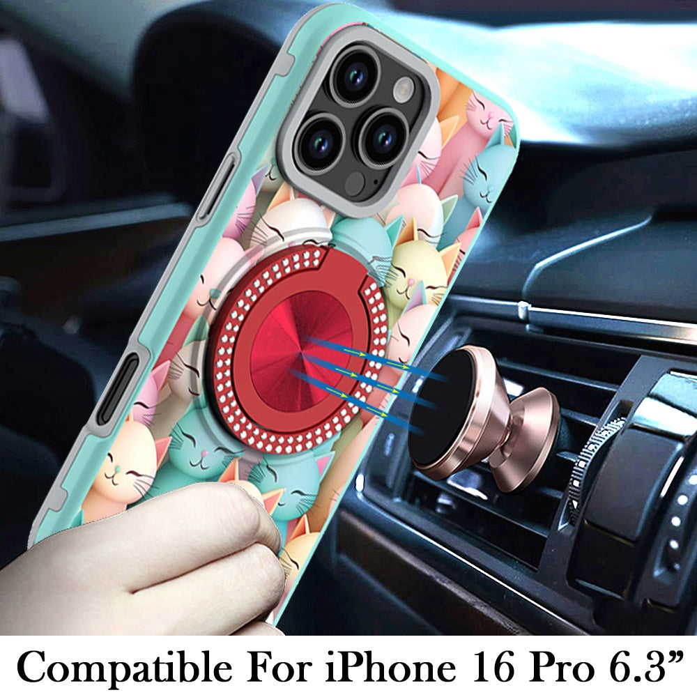 For Apple iPhone 16 Pro Pattern Design Hybrid with Invisible Ring Stand & Magnetic Back, Shockproof Protective Grip Case Cover