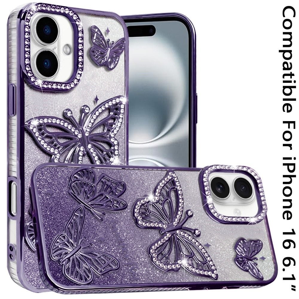 Phone Case for Apple iPhone 16 Butterfly Freedom Shimmer Glitter Thick TPU Shockproof Anti Slip Durable Protective Design Cover