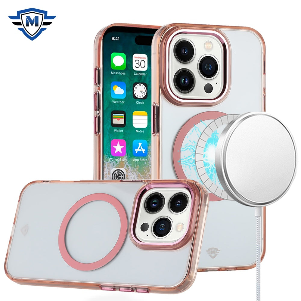 For Apple iPhone 16 Pro Max (6.9") Transparent Hybrid Circle Ring Magnetic Compatible with MagSafe Color Frame Metal Buttons Case Cover