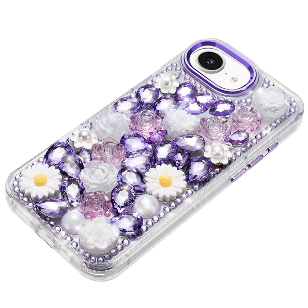 For Apple iPhone 17E /16E Fashion Daisy Floral Series, Full 3D Bling Crystal Diamonds Sparkling Rhinestone Glitter Hybrid Design Case Cover