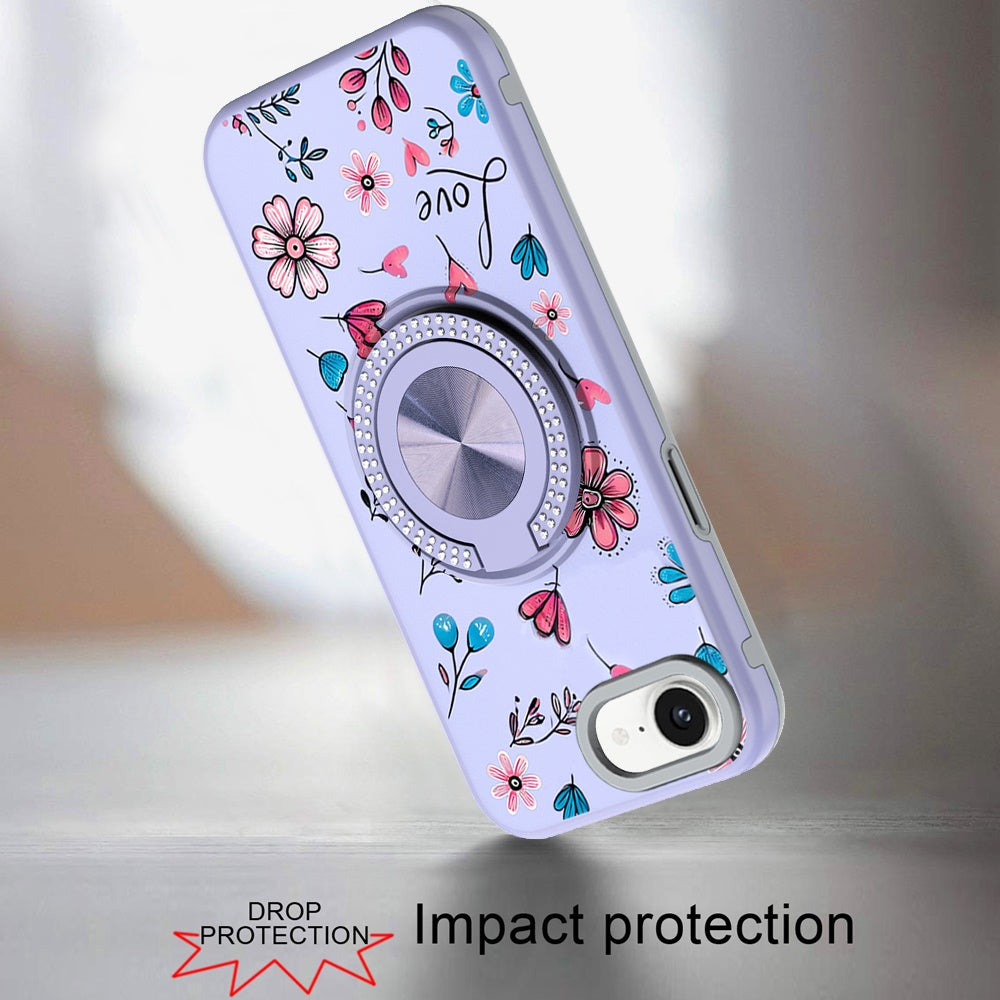 For Apple iPhone 16e Pattern Design Hybrid with Invisible Ring Stand & Magnetic Back, Shockproof Protective Grip Case Cover Love Flower