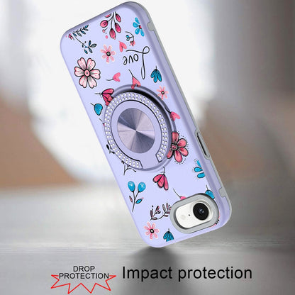 For Apple iPhone 16e Pattern Design Hybrid with Invisible Ring Stand & Magnetic Back, Shockproof Protective Grip Case Cover Love Flower
