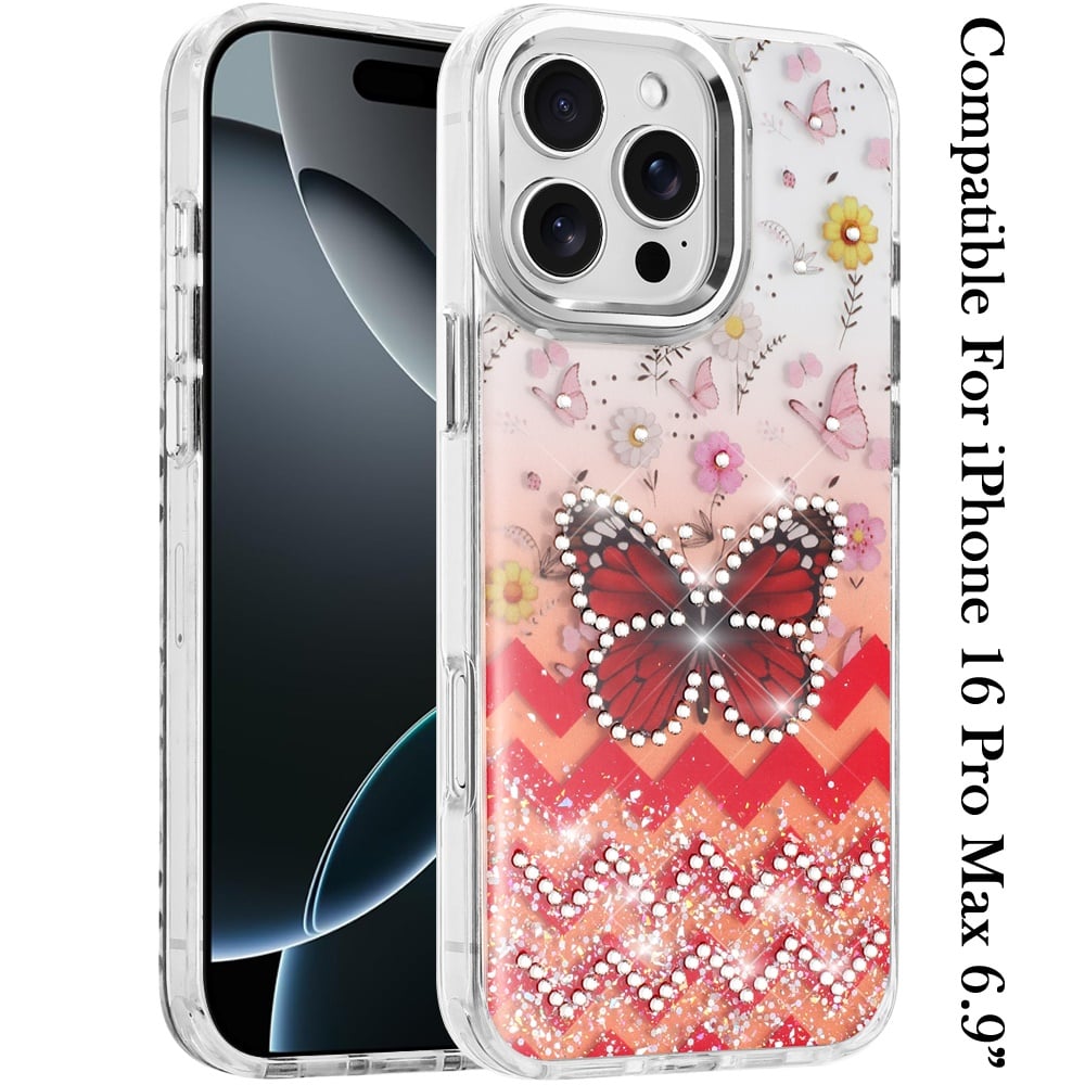 For iPhone 16 Pro Max (6.9") Butterfly Resin Epoxy Diamond Design Metal Edged Hybrid Shockproof Heavy Duty Drop Protection Protector