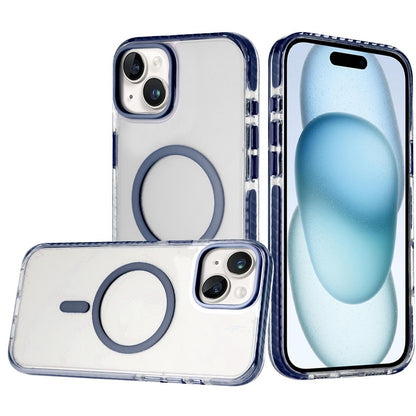 For iPhone 15 (6.1") Transparent Hybrid with Color-Matched Magnetic Circle, Rubber TPU Frame Hard PC Shockproof Case Cover