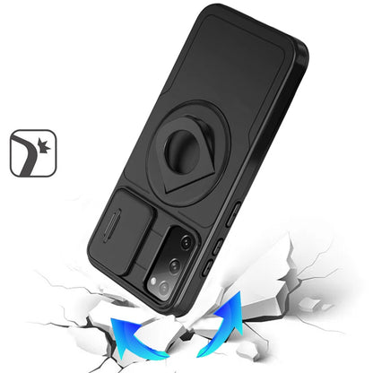 For Samsung Galaxy S21 FE /Fan Edition Full Coverage with Camera Window, Magnetic Circle, Rotatable Ring Stand, MagSafe Compatible, Shockproof Hybrid Protectiv Case Cover Black