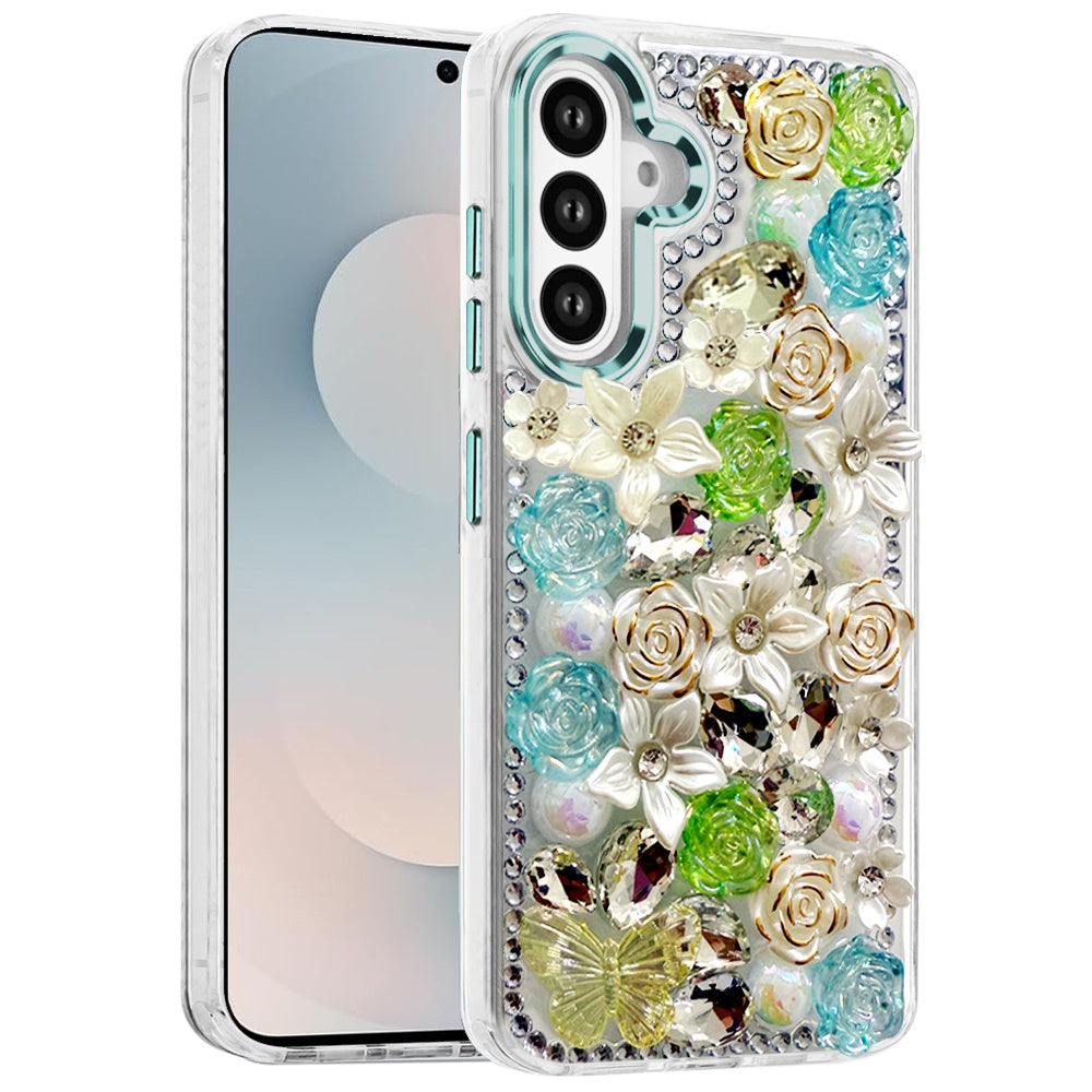 For Samsung Galaxy S26 3D Diamond Floral Roses Flower Bling Stone Hybrid, Sparkly Rhinestone Gemstone Back Shockproof Case Cover