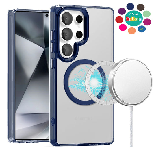 For Samsung Galaxy S24 Ultra Transparent Back Hybrid Case - Magnetic Circle, Color Frame, Metal Buttons, MagSafe Compatible Case Cover