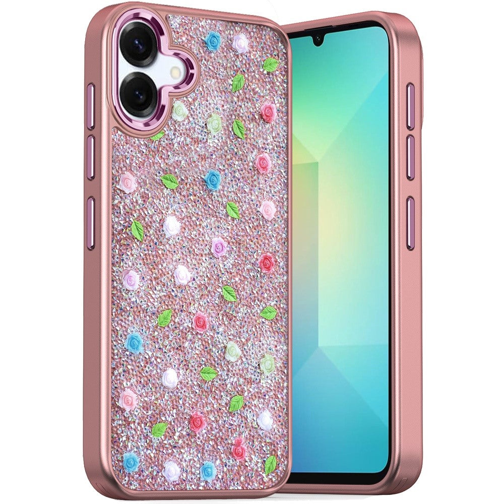 For Apple iPhone 12 /12 Pro Floral Design Embedded Glass Diamond Fancy Fashion Glitter Bling Sparkly Hybrid Rugged TPU Bumper Case Cover Rose Gold