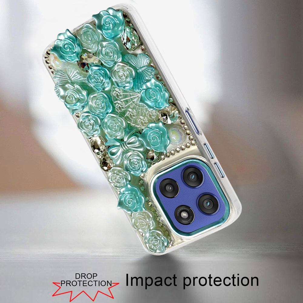 For Motorola Moto G Stylus 5G 2026 /2025 3D Diamond Floral Roses Flower Bling Stone Hybrid, Sparkly Rhinestone Gemstone Back Shockproof Case Cover